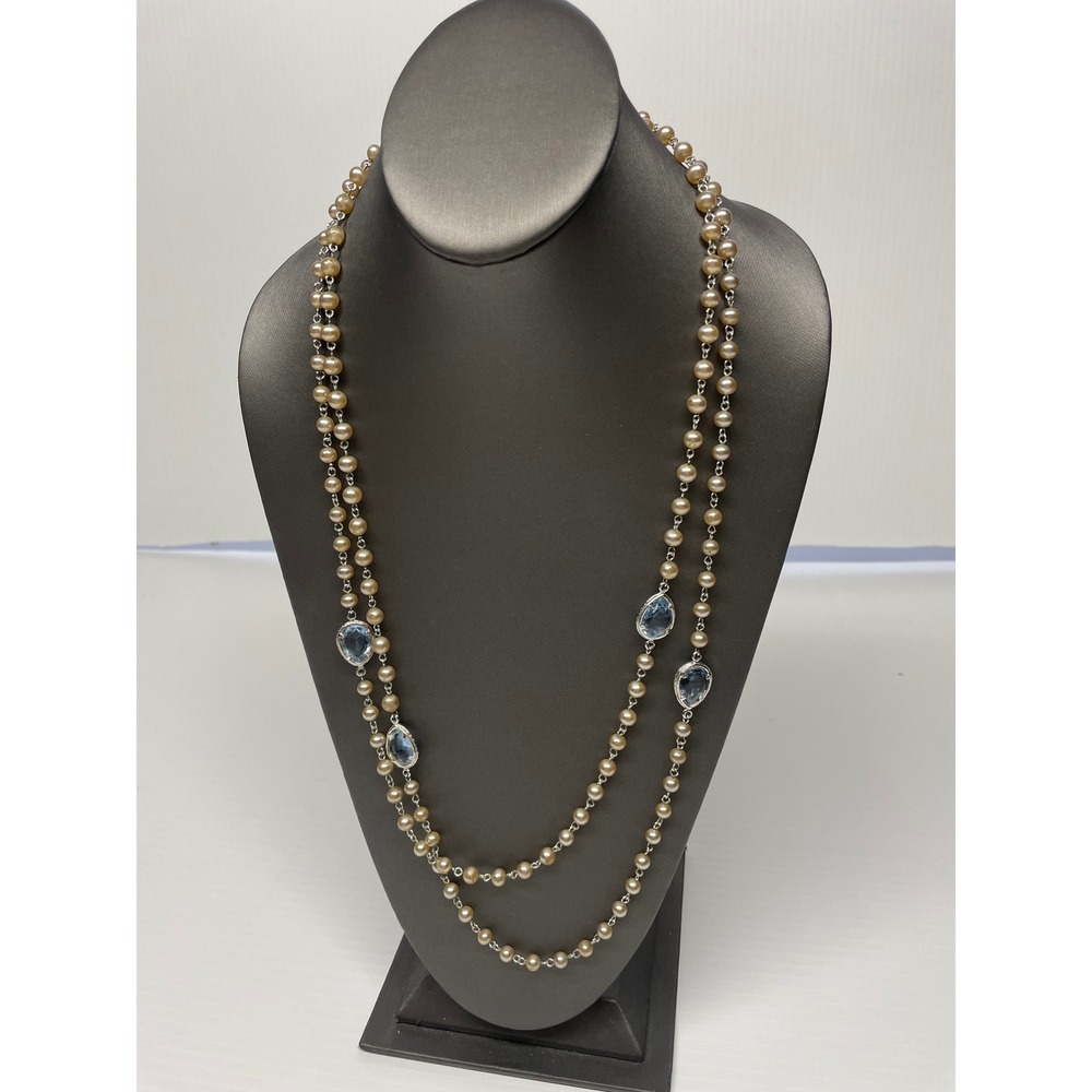 Coro 60" Pearl & Blue Station Necklace Baroque Long Opera Length multi strand